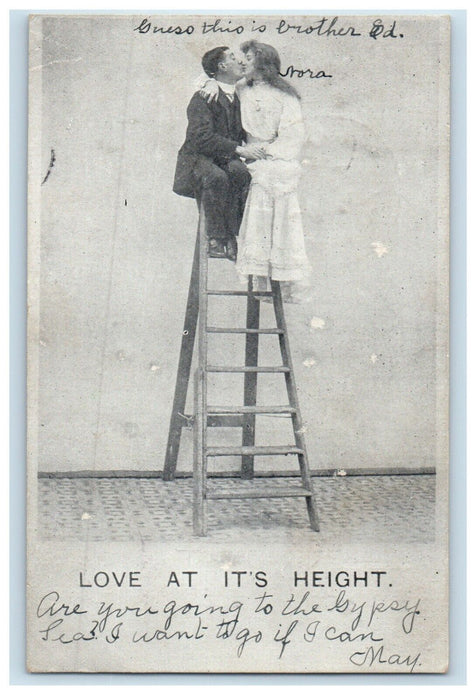 1907 Romance Sweet Couple Kissing Ladder Love At It's Height Antique Postcard