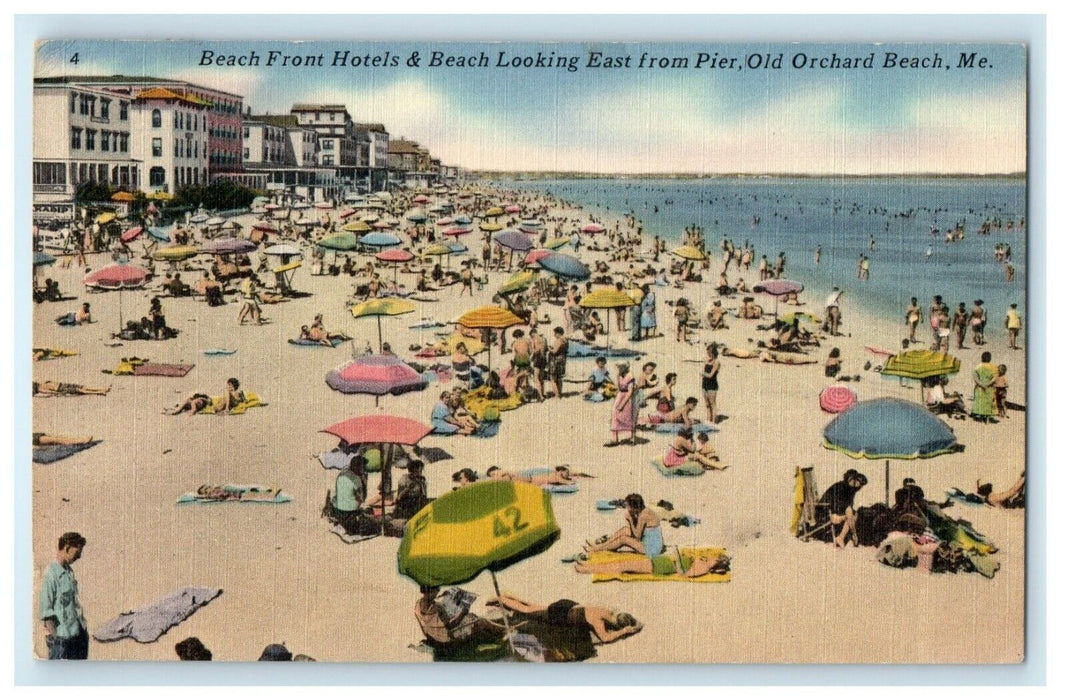 Beach Front Hotels & Beach Looking East From Pier Old Orchard Beach ME Postcard