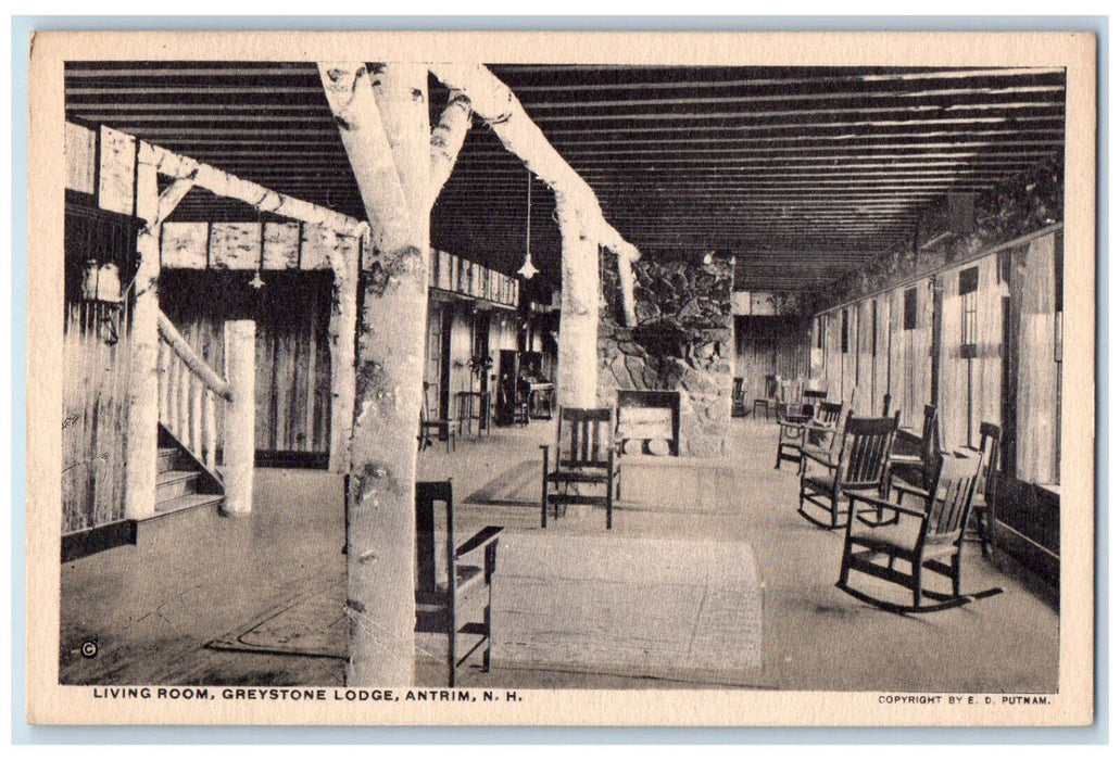 c1950's Rocking Chair, Living Room Greystone Lodge Antrim NH Postcard