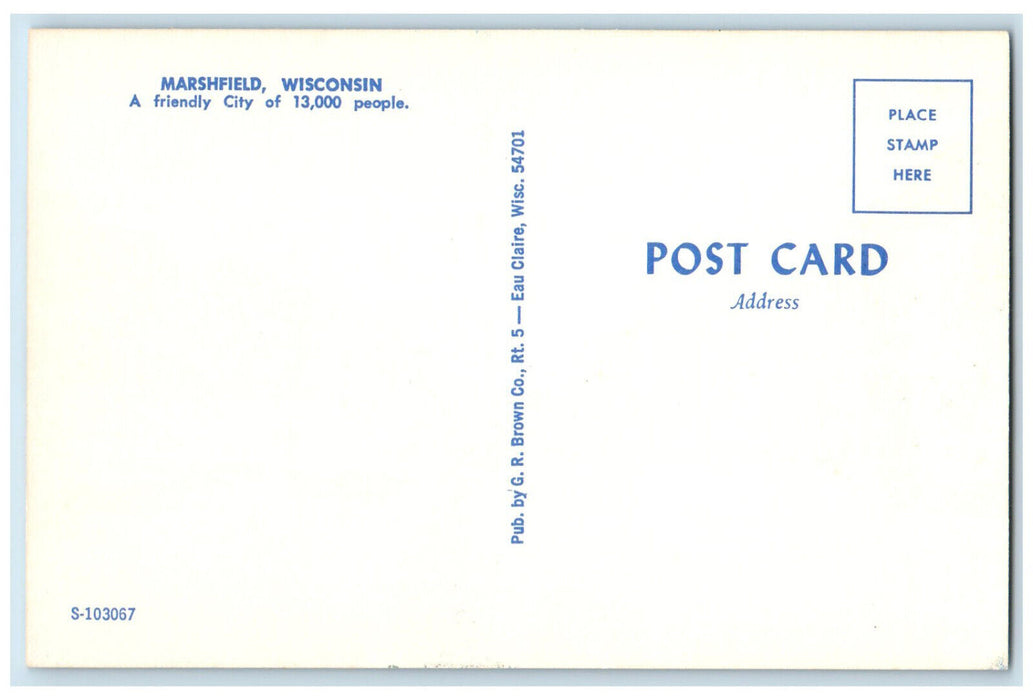 c1950's Cars, Hotel, Restaurant, Pharmacy, Book Store Marshfield WI Postcard