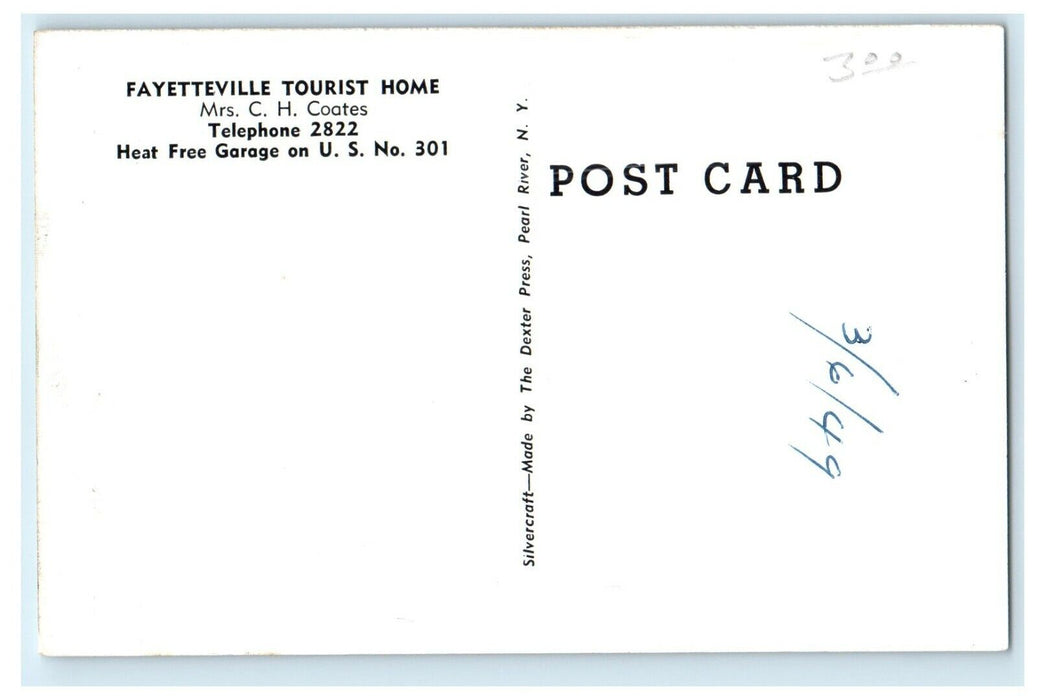 1949 "Fayetteville Tourist Home" Route 301 Person St. North Carolina NC Postcard