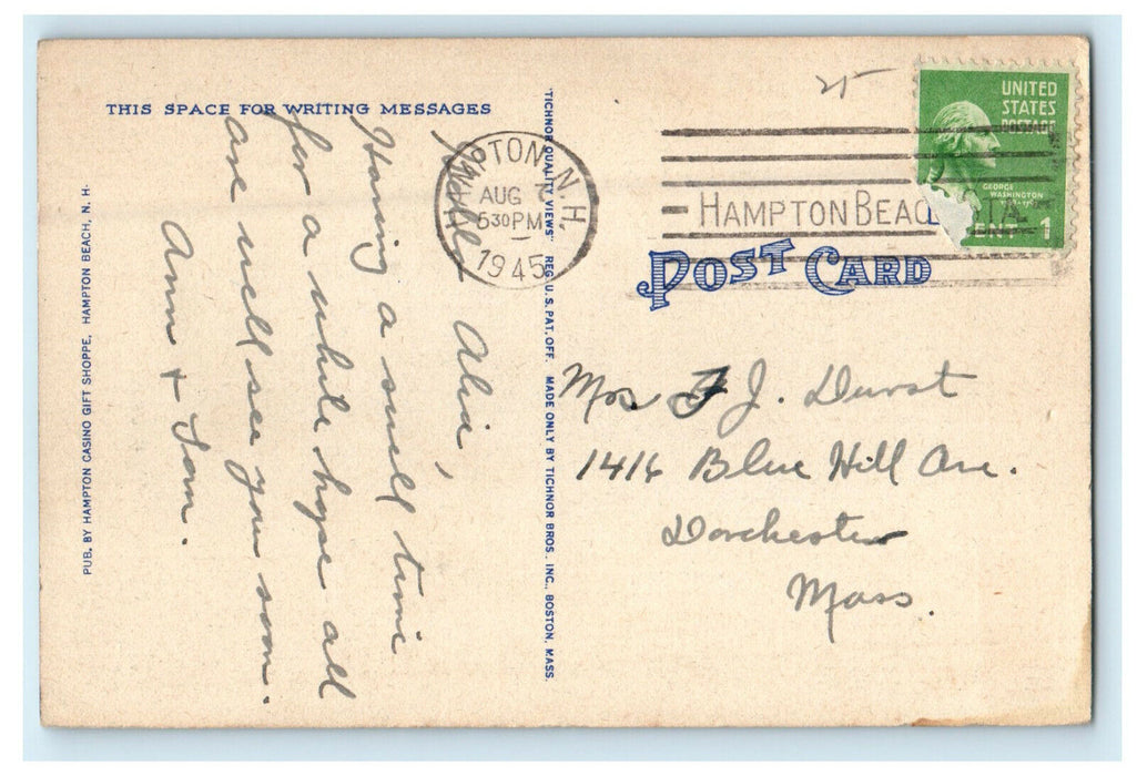 1945 Hampton Harbor Yacht Club, Hampton Beach, New Hampshire NH Postcard