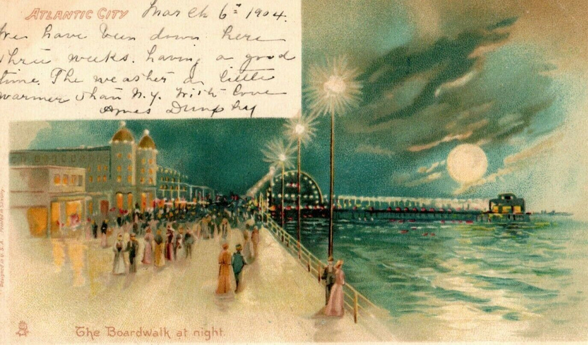 1904 Boardwalk at Night Tuck Atlantic City New Jersey NJ Posted Antique Postcard