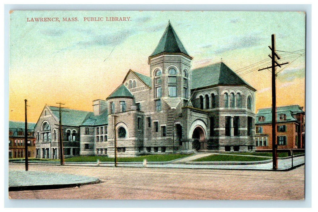 c1908 Sunset in Public Library, Lawrence, Massachusetts MA Postcard