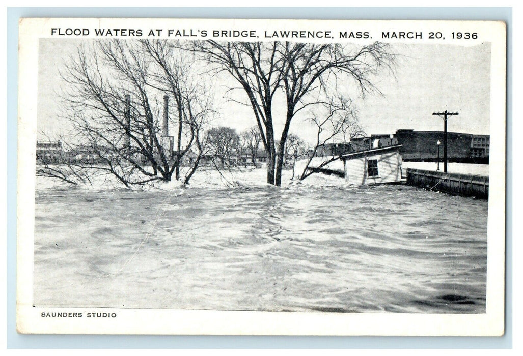 c1936 Flood Waters at Fall Bridge, Lawrence, Massachusetts MA Postcard