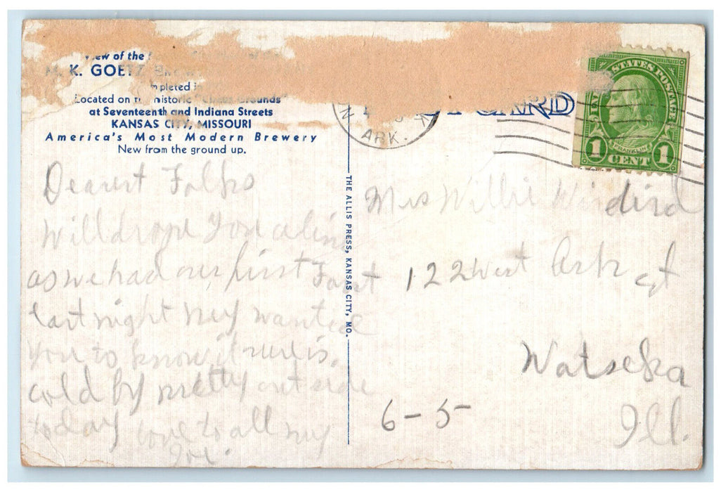 c1940's Goetz Country Club Beer, M.K. Goetz Brewing Co. Kansas City MO Postcard