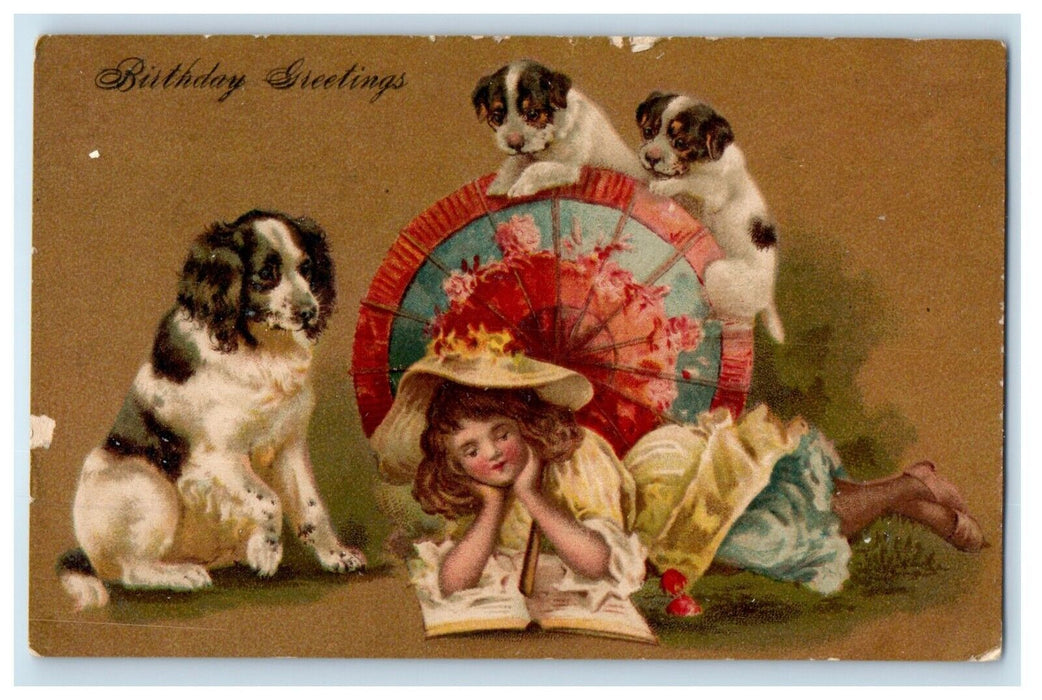 1908 Birthday Greetings Girl Reading Cocker Spaniel Dog Posted Antique Postcard