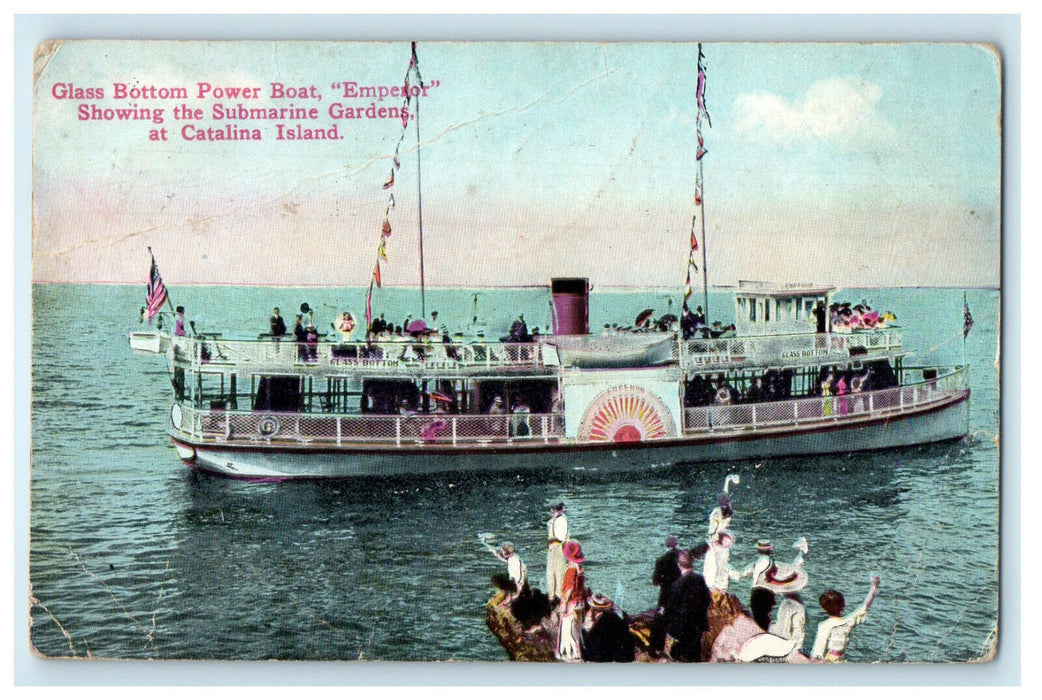 1915 Glass Bottom Power Boat "Emperor" Catalina Island Cancel Postcard