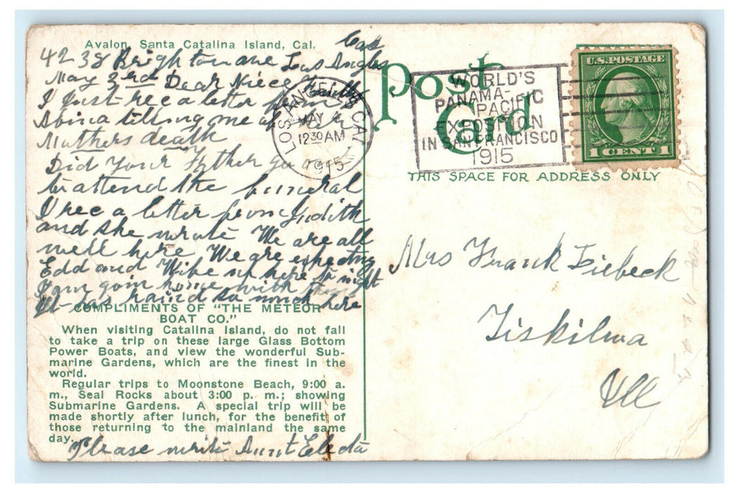 1915 Glass Bottom Power Boat "Emperor" Catalina Island Cancel Postcard