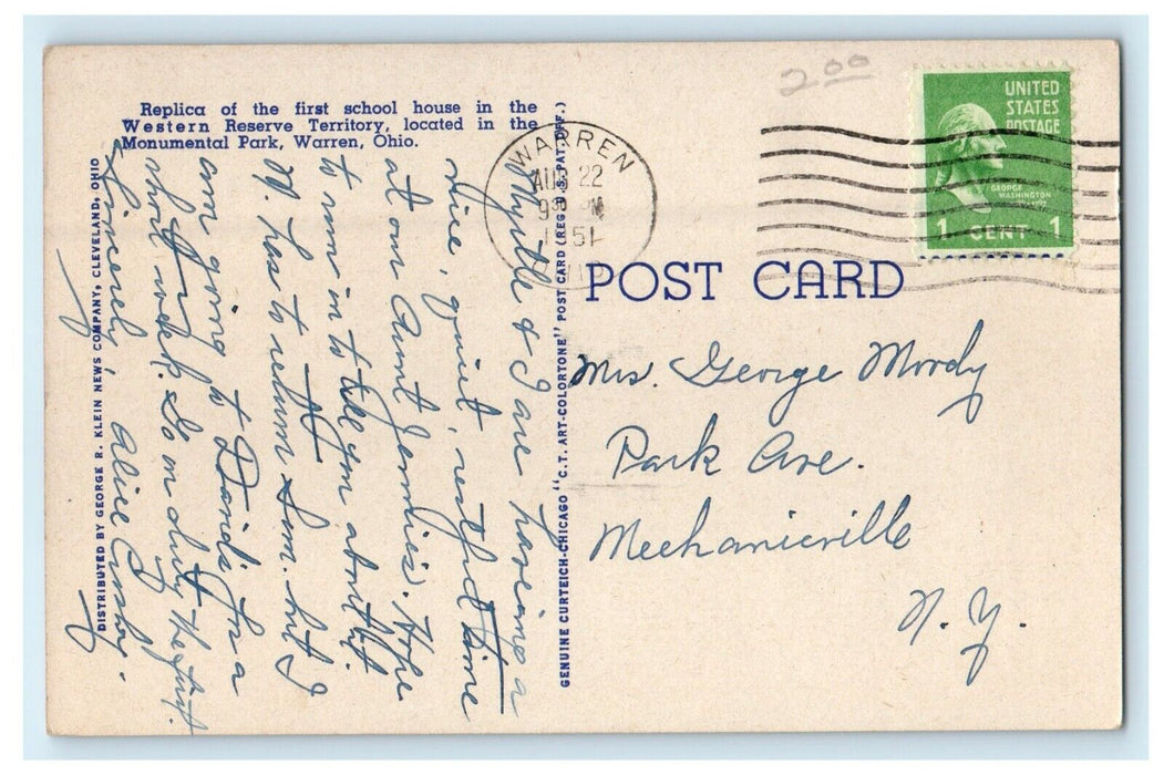 1951 Monument Park School House Western Reserve Territory Warren OH Postcard