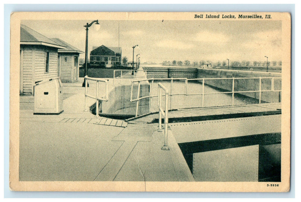 c1940 Bell Island Locks, Marseilles, Illinois IL Unposted Vintage Postcard