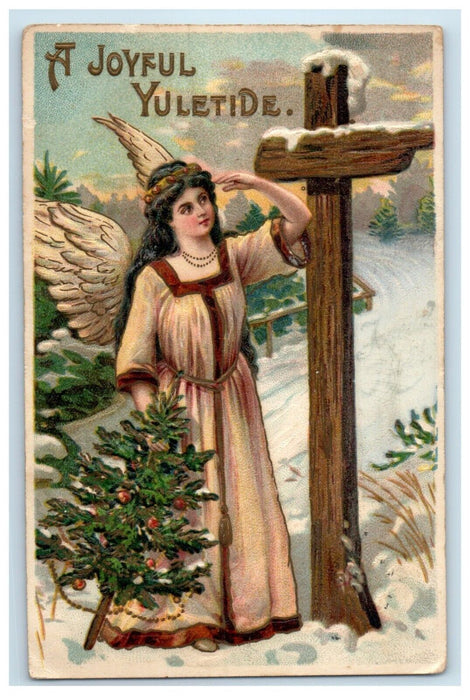 1911 Joyful Yuletide Pretty Angel Cross Winter Snow Christmas Tree Postcard
