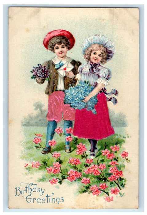 Birthday Greetings Girl Boy Letter Pansies Flowers Silk Embossed Postcard