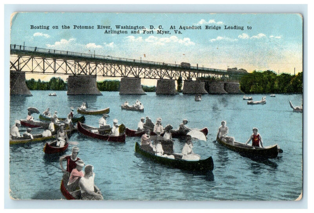 Boating On The Potomac River Washington DC Aqueduct Bridge Fort Myer VA Postcard