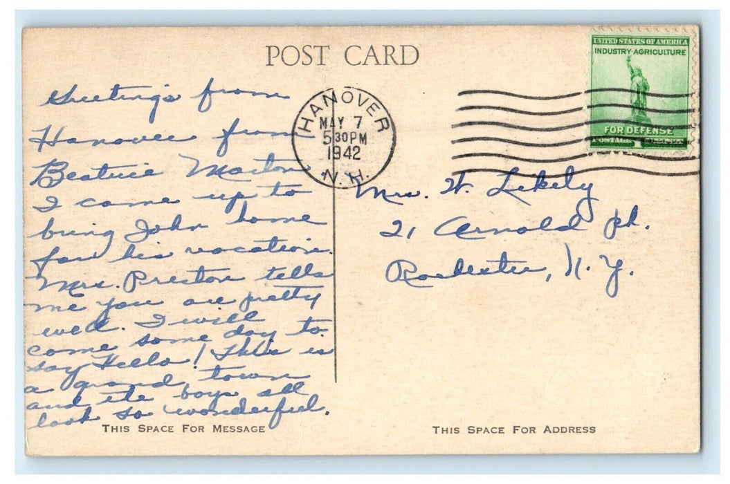 1942 Streeter Hall Dartmouth College Hanover New Hampshire NH Vintage Postcard