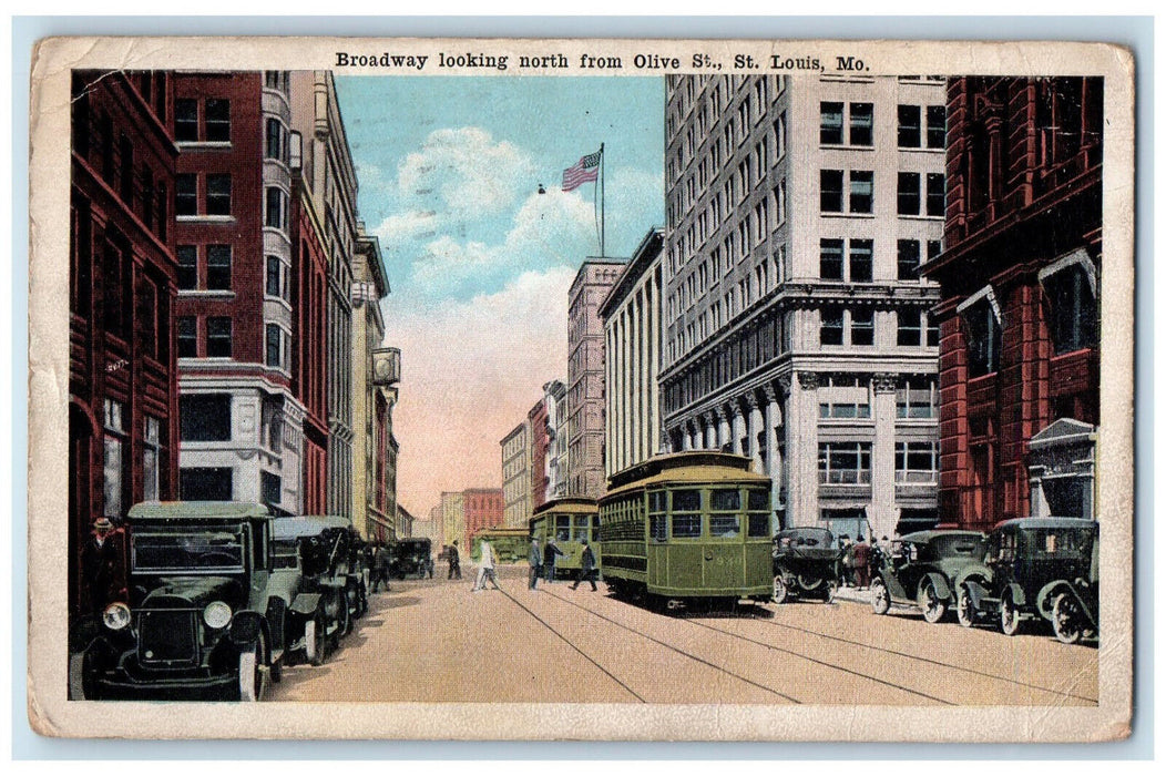 1918 Trolley, Cars, Broadway St. Louis Missouri MO Antique Posted Postcard