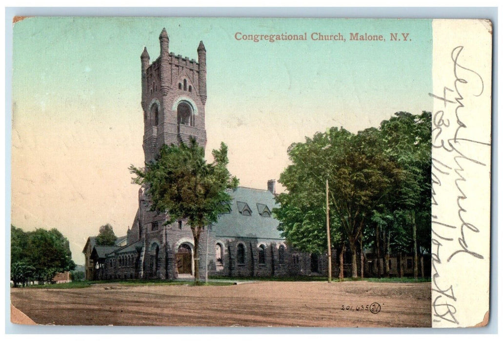 c1910's Congregational Church Road Building Trees Malone New York NY Postcard