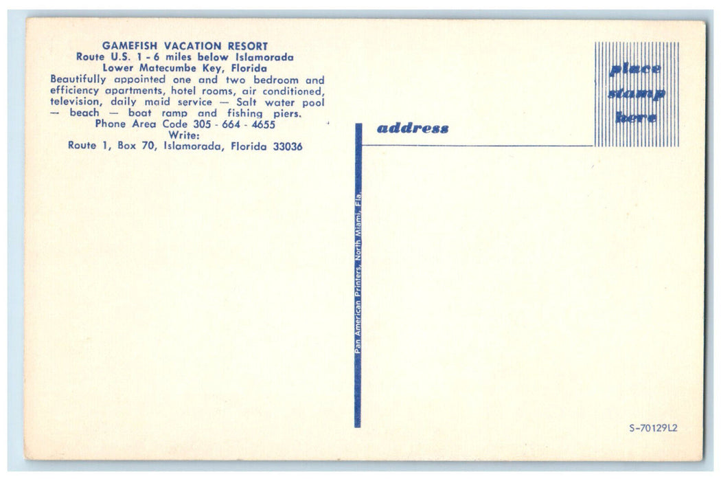 c1970's Gamefish Vacation Resort, Islamorada Lower Matecumbe Key FL Postcard
