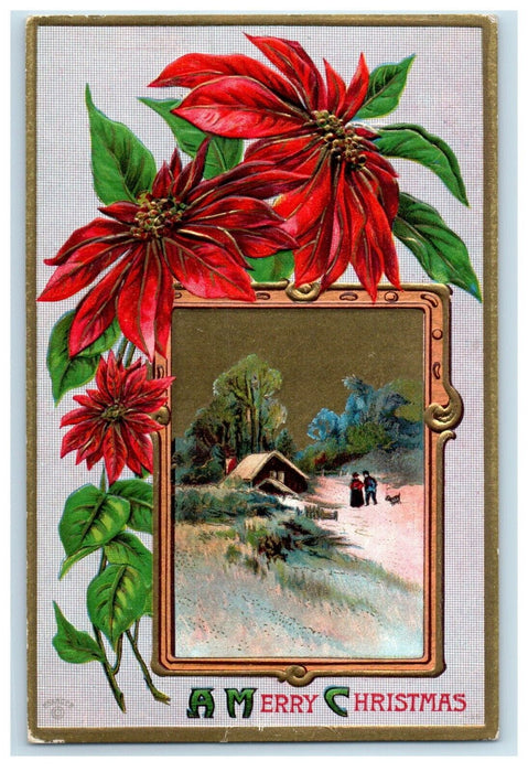 Merry Christmas Poinsettia Flowers Winter Snow Embossed P. Sander Postcard
