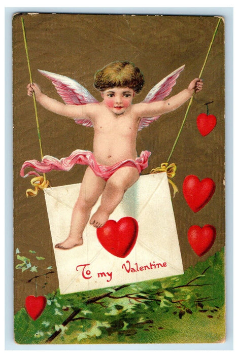 c1910's Valentine Cupid Cherub Angel Hanging Letters Hearts Embossed Postcard