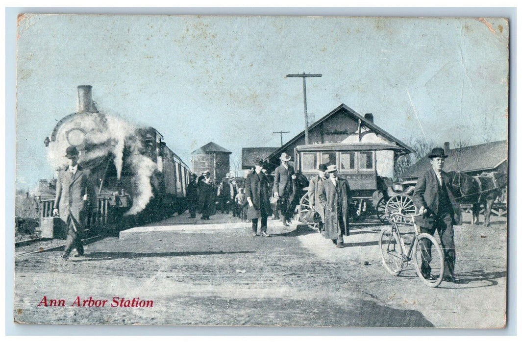1911 Ann Arbor Station Depot Railroad Train Sheperd Michigan MI Antique Postcard