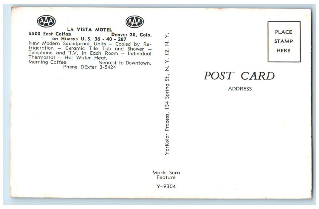 c1960's La Vista Motel,  East Colfax Denver Colorado CO AAA Postcard