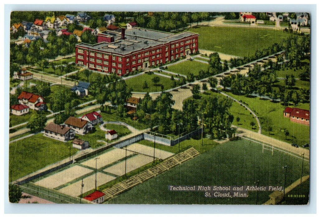 c1940's Aerial View Technical High School Athletic Field St. Cloud MN Postcard