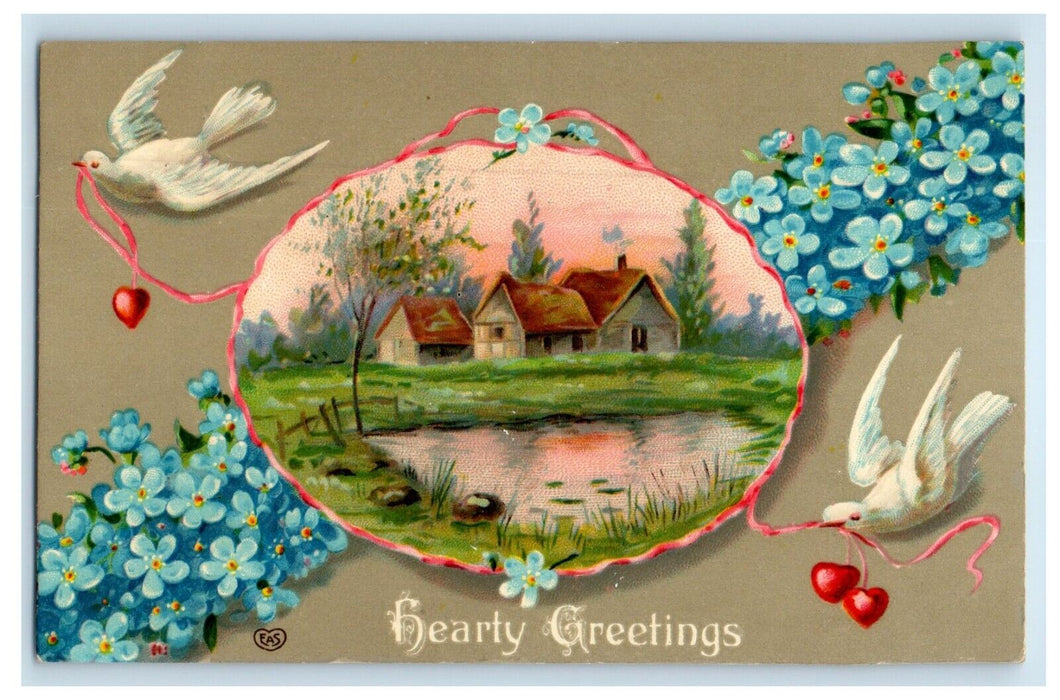 1909 Hearty Greetings Pansies Flowers Dove Hearts Pond House Eas Gel Postcard