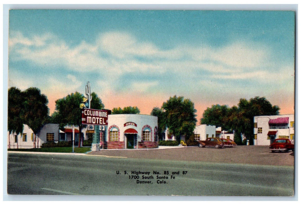 c1950's Unobstructed View of Rocky Mountains Columbine Motel, Denver CO Postcard