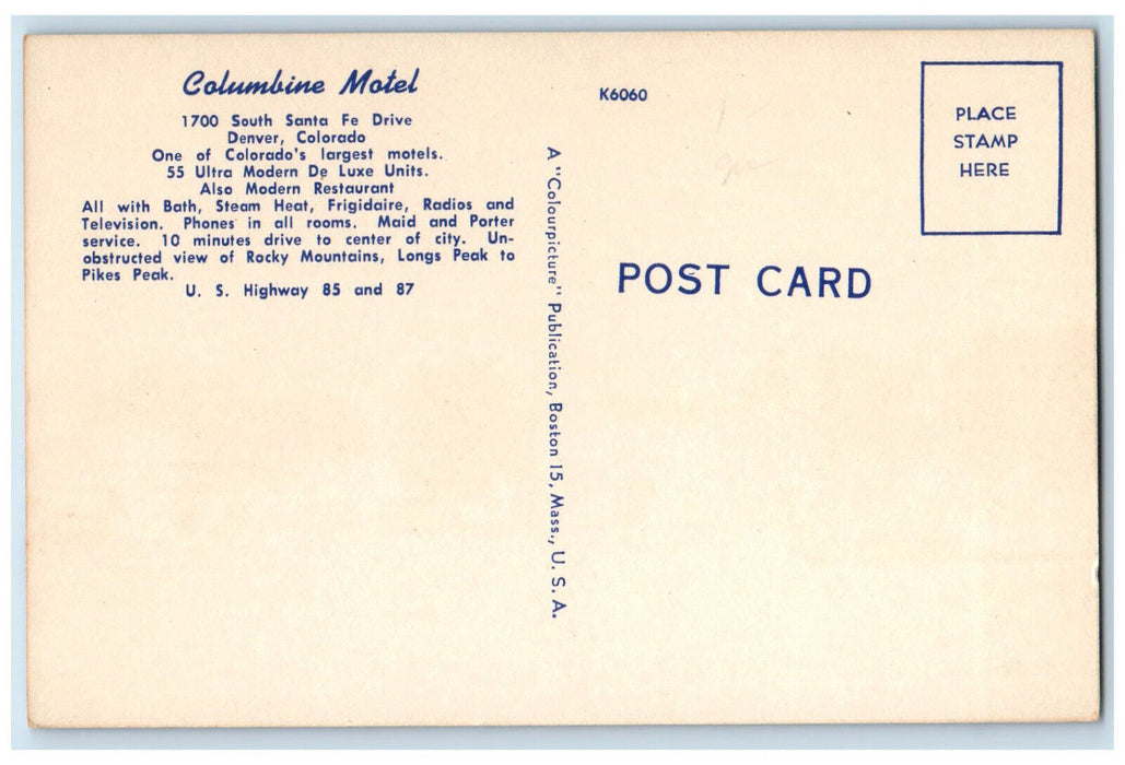 c1950's Unobstructed View of Rocky Mountains Columbine Motel, Denver CO Postcard