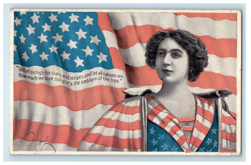 1907 Pretty Girl Curly Hair Patriotic American Flag Chazy New York NY Postcard