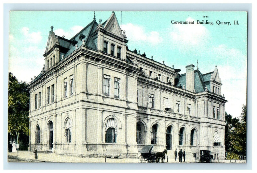 c1910's Government Building Horse And Buggy Quincy Illinois IL Antique Postcard