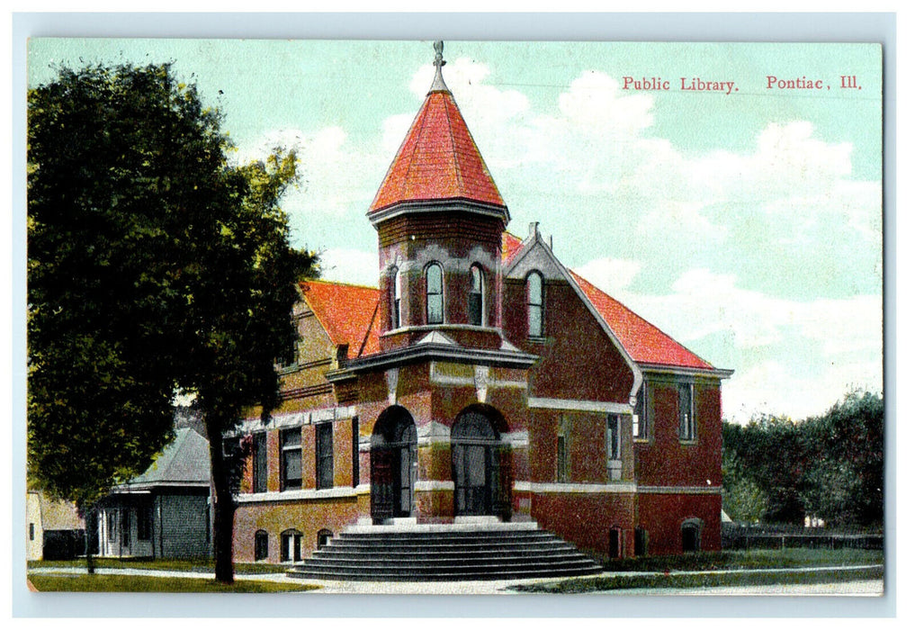 c1910 Public Library Pontiac Illinois IL Antique Unposted Postcard