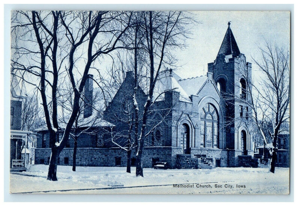 c1910's Methodist Church Winter Snow Sac City Iowa IA Antique Postcard