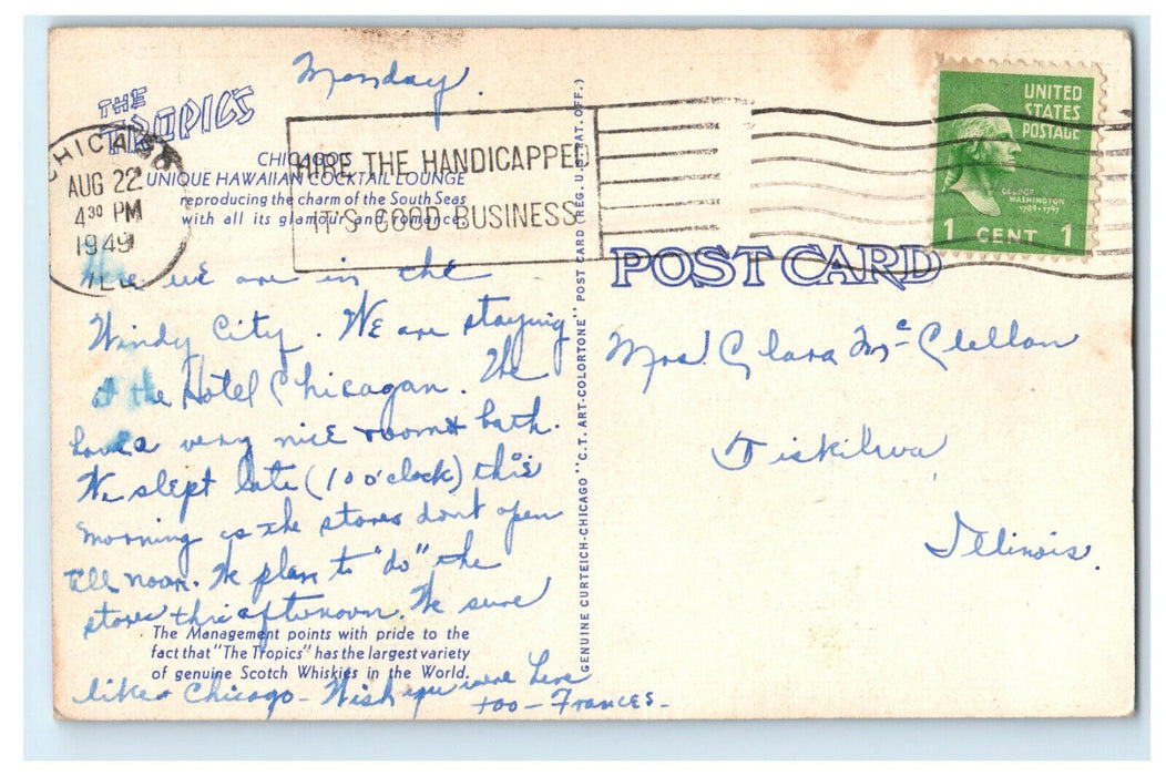 1949 Chicago's Unique Hawaiian and Cocktail Lounge, Illinois IL Cancel Postcard