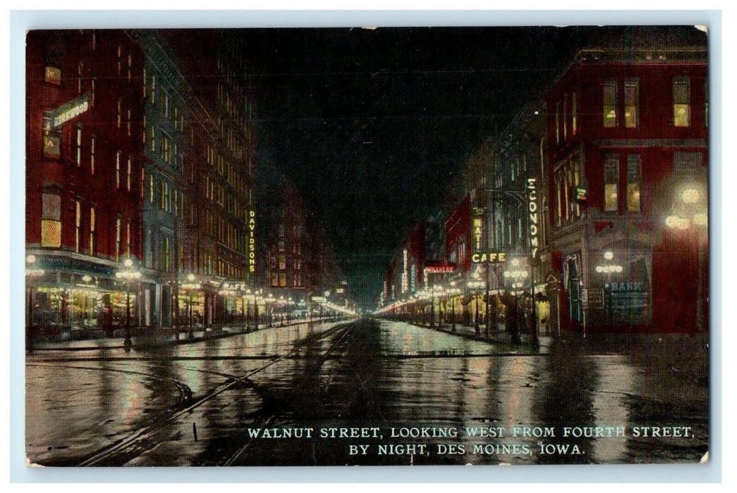 c1910 Walnut Street Looking West 4th Street By Night Des Moines Iowa IA Postcard