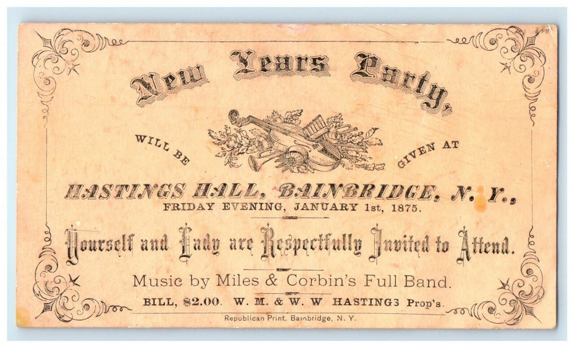 1875 New Year's Party Invitation Hastings Hall Bainbridge New York NY Postcard