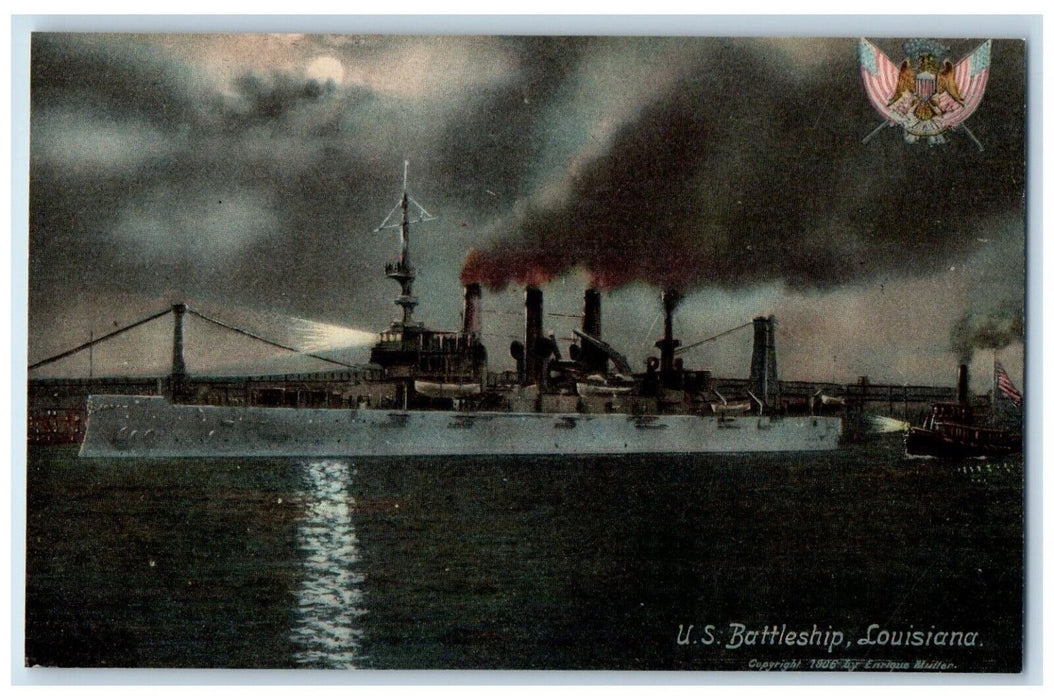 c1910's U.S. Battleship Steamer Ship At Night Moon View Louisiana LA Postcard