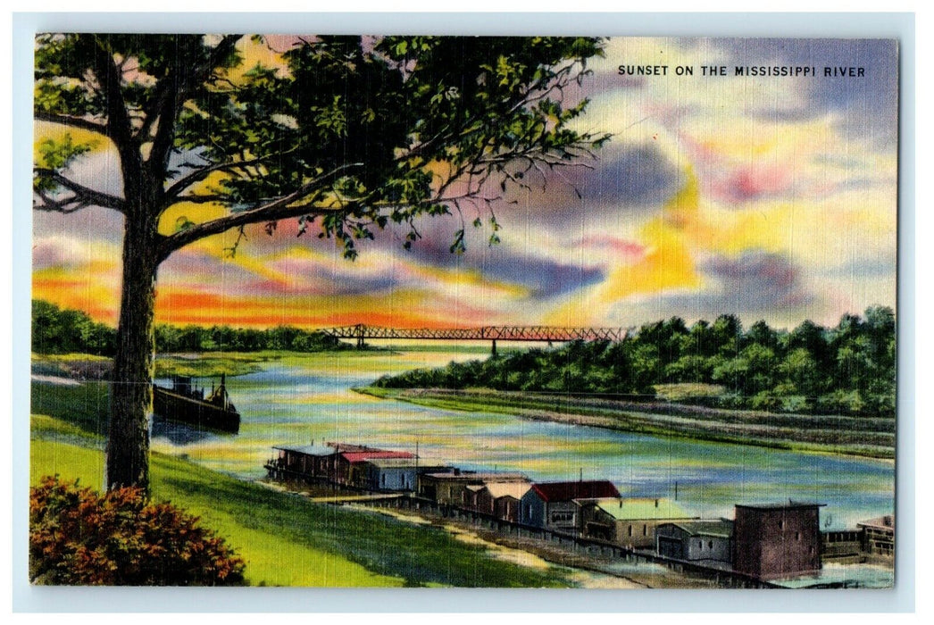 c1940's Bird's Eye View Of Sunset On The Mississippi River Vicksburg MS Postcard