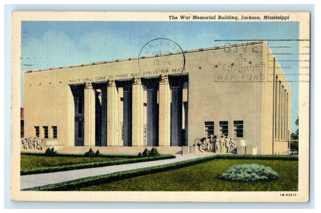 1944 The War Memorial Building Jackon Mississippi MS Posted Vintage Postcard