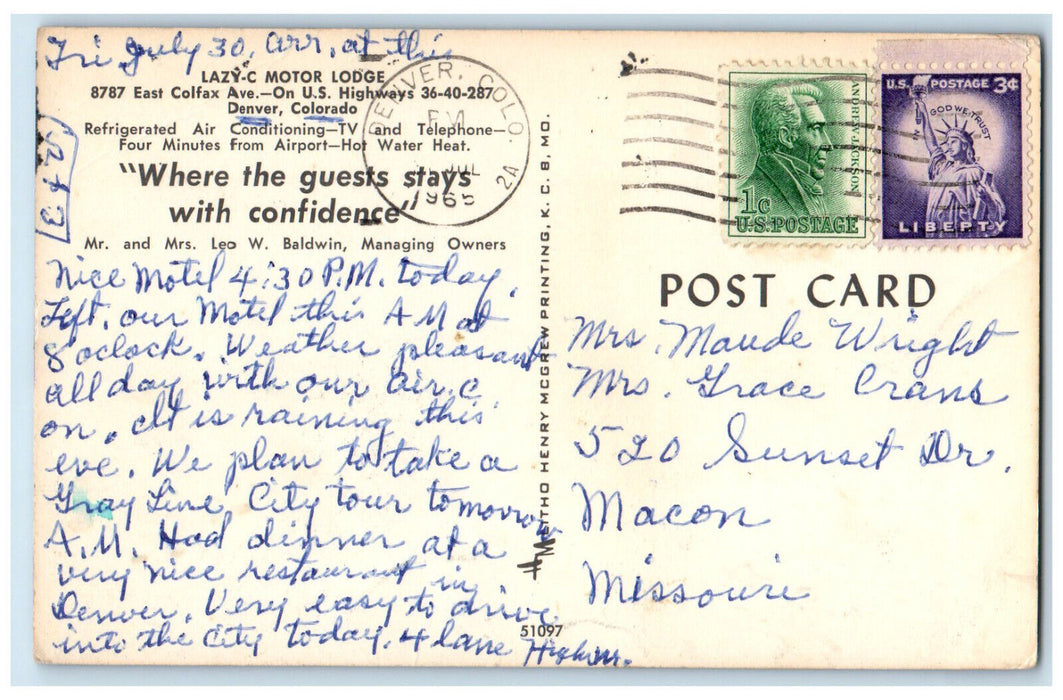 1965 Lazy-C Motor Lodge East Colfax Ave. Denver Colorado CO Postcard