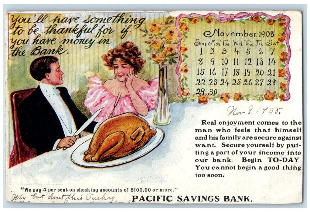 Pacific Savings Bank Couple Turkey Calendar Los Angeles CA Advertising Postcard