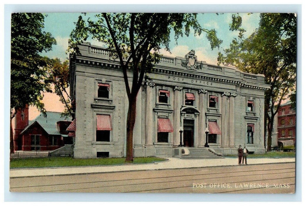 c1913 Two Men at Entrance of Post Office, Lawrence, Massachusetts MA Postcard