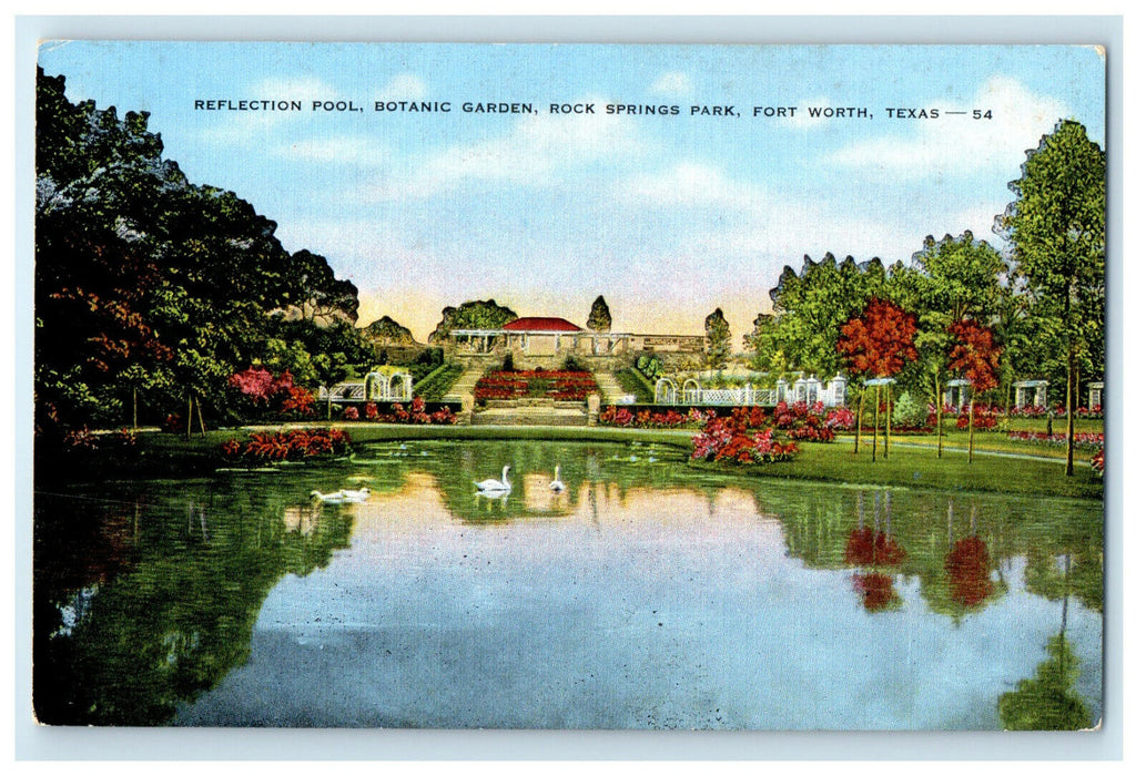 c1940s Reflection Pool, Botanic Garden, Fort Worth Texas TX Unposted Postcard