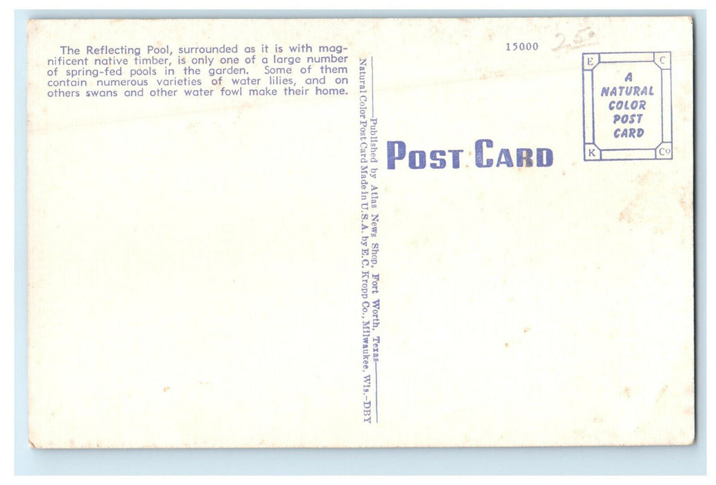 c1940s Reflection Pool, Botanic Garden, Fort Worth Texas TX Unposted Postcard