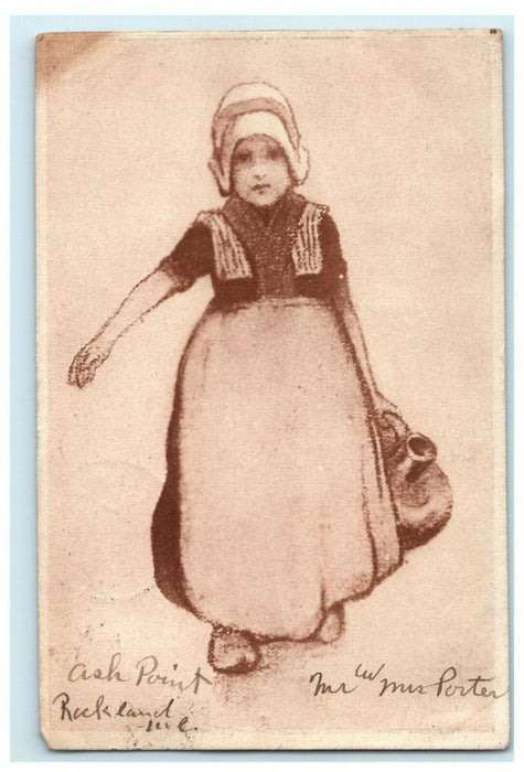 1904 Girl Carrying Water Ash Point Rockland Maine ME Posted Antique Postcard