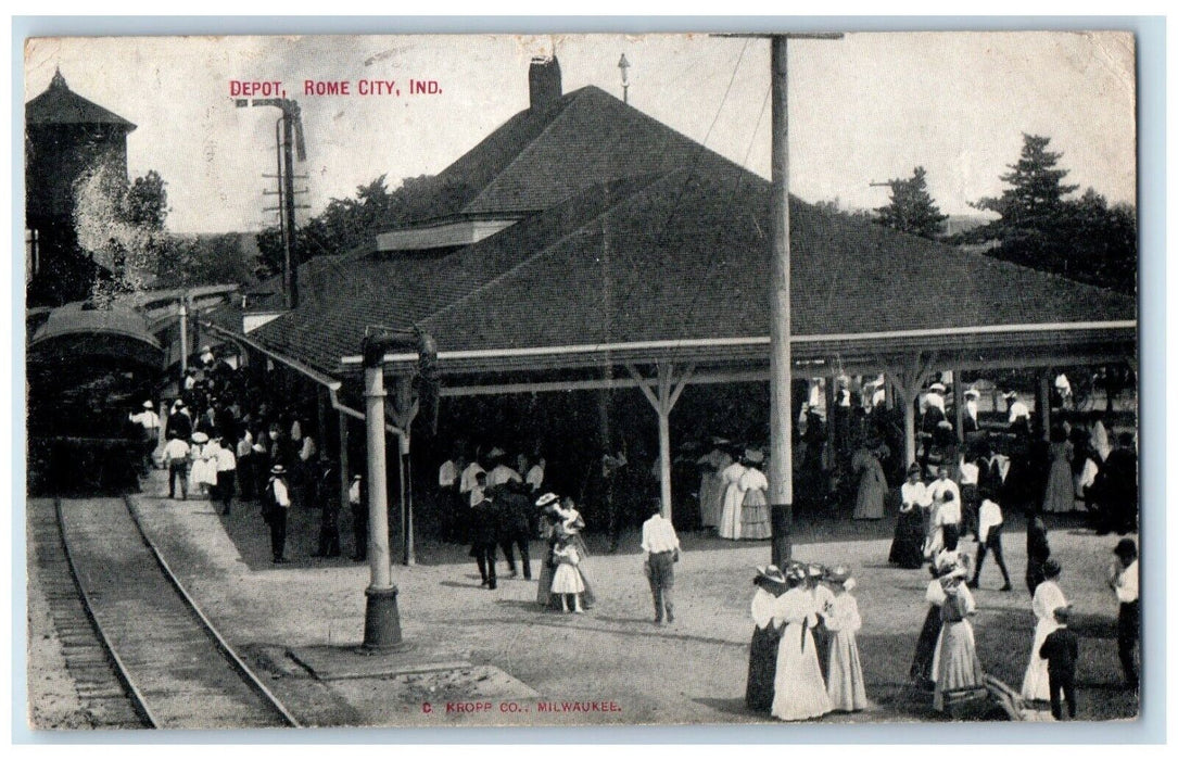 1910 Depot Train Station Railroad Rome City Indiana IN Posted Antique Postcard