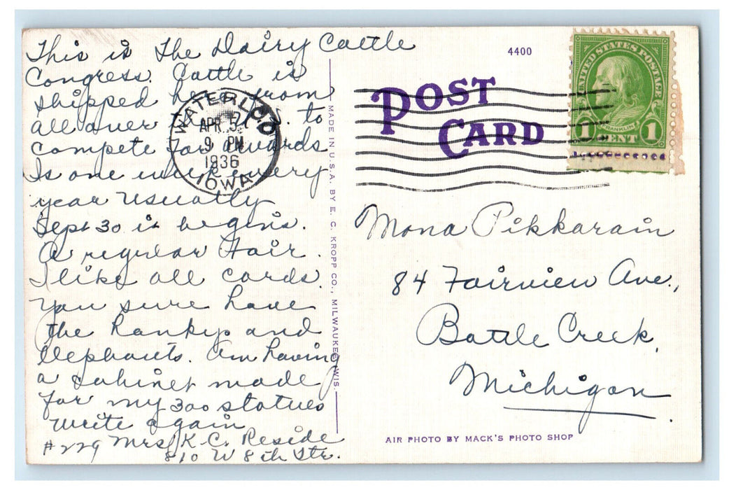 1936 Daily Cattle Congress Waterloo Iowa IA Posted Vintage Postcard