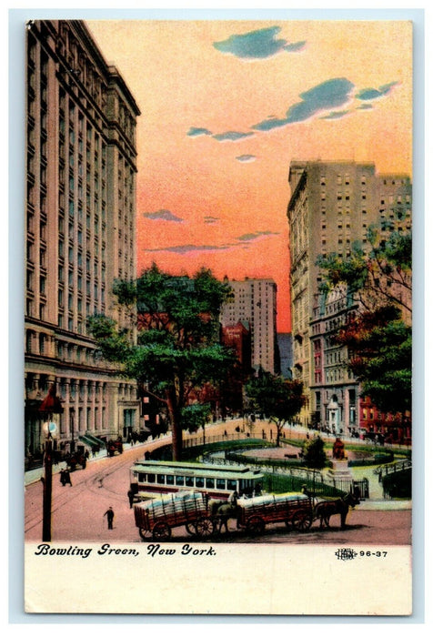 c1910's Bowling Green Bus Horse Carriage New York City NY Antique Postcard
