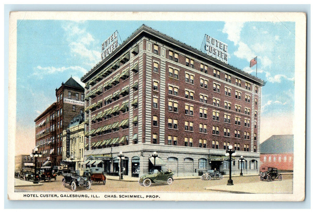 c1920s Cars Scene, Hotel Custer, Galesburg Illinois IL Unposted Postcard